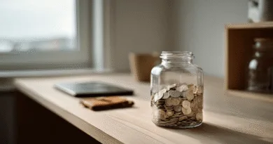 Midcent: Glasburk med mynt på ett skrivbord symboliserar sparande och ekonomisk medvetenhet. Perfekt för dig som vill organisera din privatekonomi och förbättra ditt sparande. Inspirerar till bättre ekonomisk planering och disciplin. Kategori: Ekonomi.