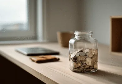 Midcent: Glasburk med mynt på ett skrivbord symboliserar sparande och ekonomisk medvetenhet. Perfekt för dig som vill organisera din privatekonomi och förbättra ditt sparande. Inspirerar till bättre ekonomisk planering och disciplin. Kategori: Ekonomi.