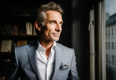 Midcent: En medelålders man i elegant kostym som tittar ut genom fönstret, omgiven av böcker. Ljussättningen skapar en professionell och reflekterande atmosfär. Kategori: Samhälle.