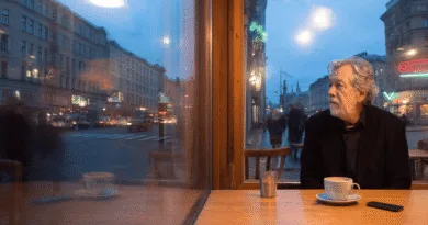 Midcent: En medelålders man sitter vid ett kafébord med en kopp kaffe, blickar ut genom fönstret mot stadens nattliv. Stadsmiljö och kvällstrafik i bakgrunden skapar en stämningsfull atmosfär. Kategori: Samhälle.