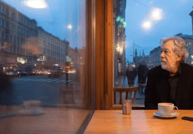 Midcent: En medelålders man sitter vid ett kafébord med en kopp kaffe, blickar ut genom fönstret mot stadens nattliv. Stadsmiljö och kvällstrafik i bakgrunden skapar en stämningsfull atmosfär. Kategori: Samhälle.