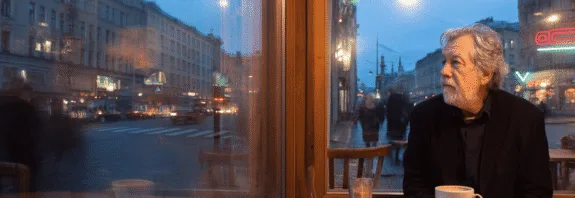 Midcent: En medelålders man sitter vid ett kafébord med en kopp kaffe, blickar ut genom fönstret mot stadens nattliv. Stadsmiljö och kvällstrafik i bakgrunden skapar en stämningsfull atmosfär. Kategori: Samhälle.