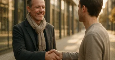 En medelålders man skakar hand med en yngre person utomhus i en modern stadsmiljö. Affärsmässig klädsel och leenden framhäver professionell kommunikation. Perfekt för att illustrera affärsnätverkande.Midcent, Ekonomi.