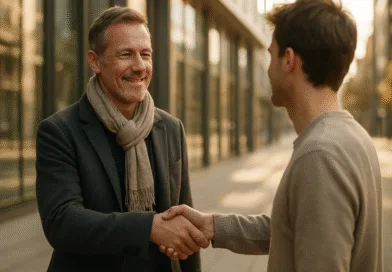 En medelålders man skakar hand med en yngre person utomhus i en modern stadsmiljö. Affärsmässig klädsel och leenden framhäver professionell kommunikation. Perfekt för att illustrera affärsnätverkande.Midcent, Ekonomi.