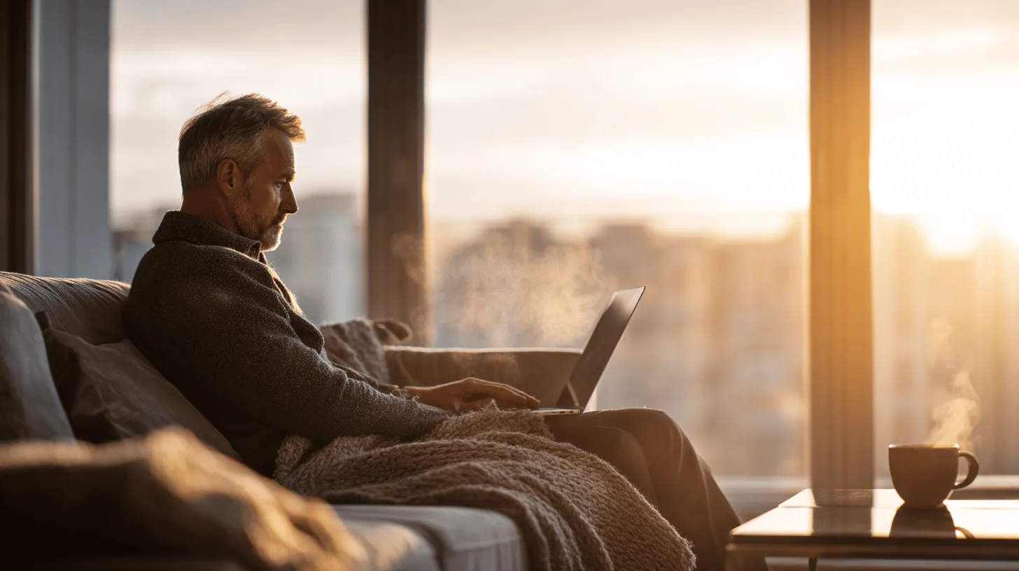 Midcent: En medelålders man sitter med en laptop i en solbelyst miljö, svept i en mysig filt. Ångande kaffe står på bordet. Hemmakontor i soluppgångens sken. Perfekt för produktivitet och avslappning. Kategori: Teknik.