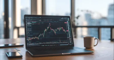 Midcent: En modern bärbar dator visar detaljerade börsdiagram med komplexa kurvor och mönster i en ljus kontorsmiljö, omgiven av en kaffekopp och en smartphone. Perfekt för finansanalys och trading.Kategori: Ekonomi.