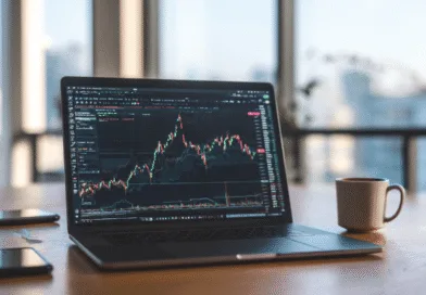 Midcent: En modern bärbar dator visar detaljerade börsdiagram med komplexa kurvor och mönster i en ljus kontorsmiljö, omgiven av en kaffekopp och en smartphone. Perfekt för finansanalys och trading.Kategori: Ekonomi.