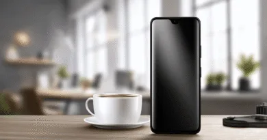Midcent: En smartphone står intill en kaffekopp på ett skrivbord i en modern kontorsmiljö. Härlig naturlig belysning och minimalistisk design gör bilden inbjudande och professionell. Perfekt för teknik och produktivitet. Kategori: Teknik.