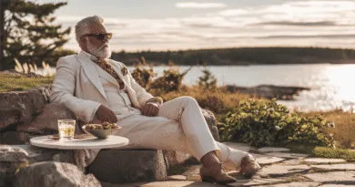 En medelålders man i stilren vit kostym kopplar av vid vattnet under solnedgången, med ett glas och oliver på bordet. Elegans och lugn i en harmonisk naturmiljö. Midcent. Kategori: Resa.