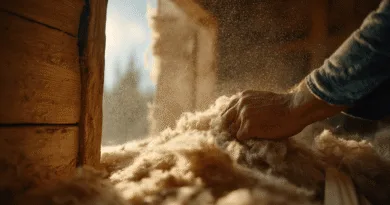 Midcent presenterar: En medelålders man bearbetar naturlig isolering i en träkonstruktion, vilket framhäver hållbart byggande och fokus på miljövänliga material i dagens byggindustri. Teknik.