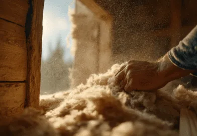 Midcent presenterar: En medelålders man bearbetar naturlig isolering i en träkonstruktion, vilket framhäver hållbart byggande och fokus på miljövänliga material i dagens byggindustri. Teknik.