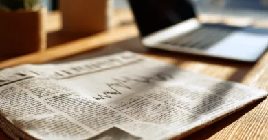 Midcent: Bild av en tidning med finansstatistik på ett bord, bredvid en suddig laptop och växter i bakgrunden. Perfekt för