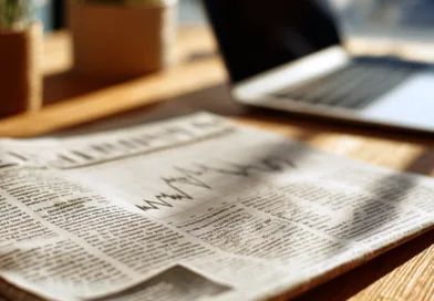 Midcent: Bild av en tidning med finansstatistik på ett bord, bredvid en suddig laptop och växter i bakgrunden. Perfekt för