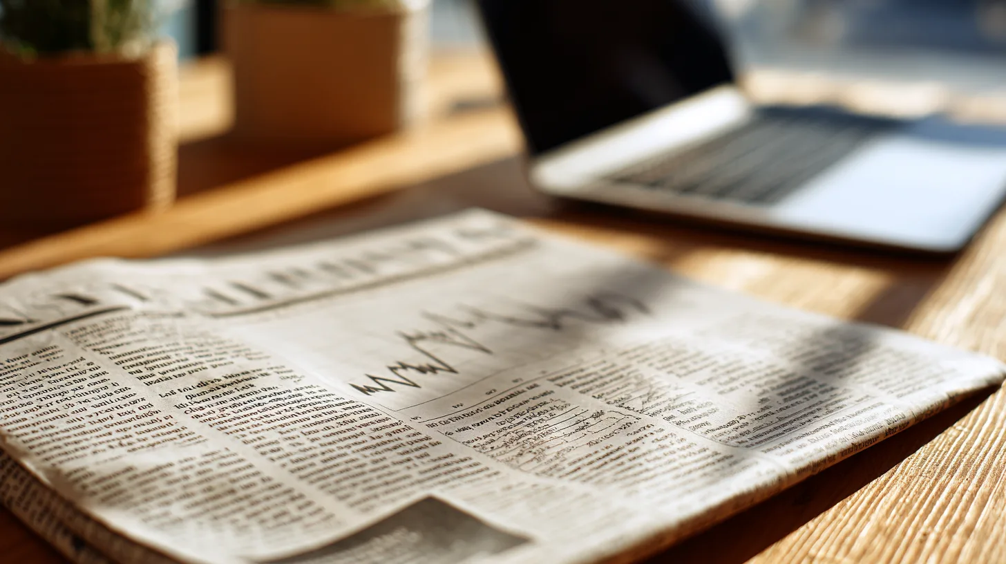 Midcent: Bild av en tidning med finansstatistik på ett bord, bredvid en suddig laptop och växter i bakgrunden. Perfekt för