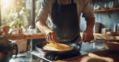 Midcent presenterar en medelålders man som lagar mat i ett inbjudande kök. Färska ingredienser och naturligt ljus skapar en harmonisk atmosfär under matlagningen. Mat.