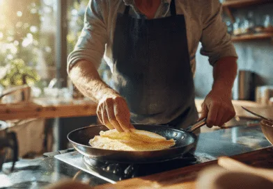 Midcent presenterar en medelålders man som lagar mat i ett inbjudande kök. Färska ingredienser och naturligt ljus skapar en harmonisk atmosfär under matlagningen. Mat.