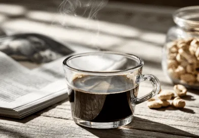 Midcent: En ångande kopp kaffe på ett rustikt träbord med en öppen bok och ett jar av jordnötter i bakgrunden. Perfekt för en avkopplande stund. Kategori: Mat.