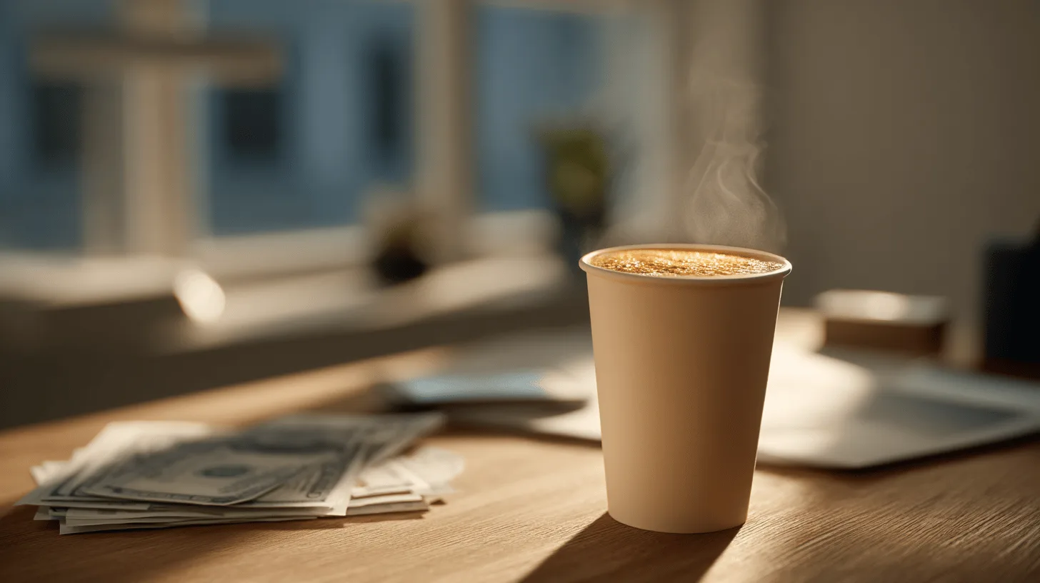 Midcent: En ångande kopp kaffe står bredvid en bunt kontanter på ett skrivbord i solljus. Bilden fångar känslan av morgonrutiner och framgång. Kategori: Ekonomi.