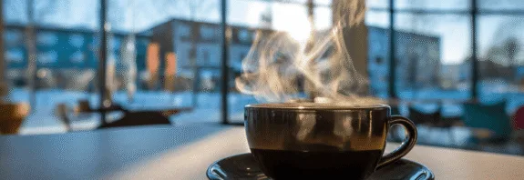Midcent: En rykande kopp kaffe i ett mysigt kafé med stora fönster kring ett vintrigt landskap. Perfekt för en avslappnande paus eller inspirerande arbete. Kategorin: Mat.