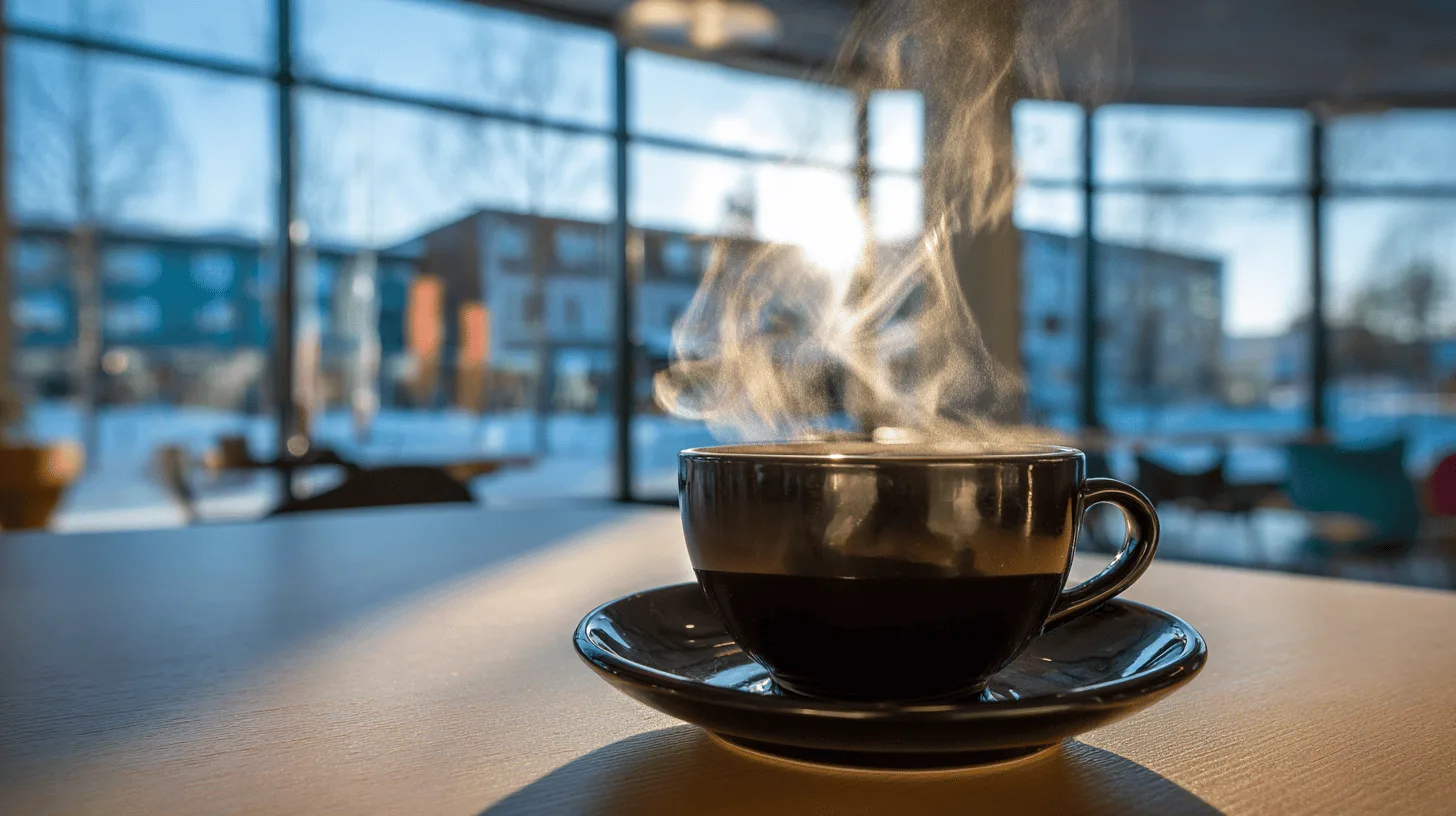 Midcent: En rykande kopp kaffe i ett mysigt kafé med stora fönster kring ett vintrigt landskap. Perfekt för en avslappnande paus eller inspirerande arbete. Kategorin: Mat.