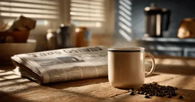 Kaffepriser på steroider: Tullsmäll hotar den amerikanska morgonrutinen Midcent: En ångande kopp kaffe sitter på ett rustikt träbord, omgivet av kaffebönor och en tidning. Morgonljus strilar genom persiennerna i bakgrunden. Mat.