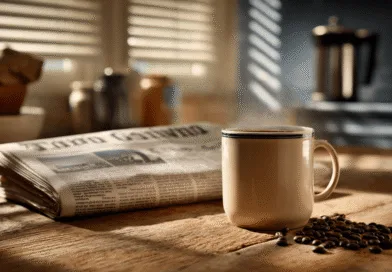 Midcent: En ångande kopp kaffe sitter på ett rustikt träbord, omgivet av kaffebönor och en tidning. Morgonljus strilar genom persiennerna i bakgrunden. Mat.