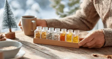 Midcent: En medelålders man håller en mugg och en bricka med olika kosttillskott i en vintermiljö. Fokus på hälsa och välbefinnande, med naturlig bakgrund och frukostdetaljer.Kategori: Hälsa.