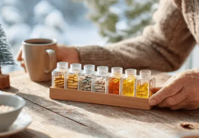 Midcent: En medelålders man håller en mugg och en bricka med olika kosttillskott i en vintermiljö. Fokus på hälsa och välbefinnande, med naturlig bakgrund och frukostdetaljer.Kategori: Hälsa.