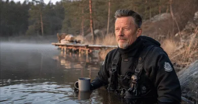 Midcent: En medelålders man sitter i vatten, delvis iklädd en dykardräkt, samtidigt som han håller en mugg. Bakgrunden består av en dimmig sjö och skog. Kategori: Hälsa.