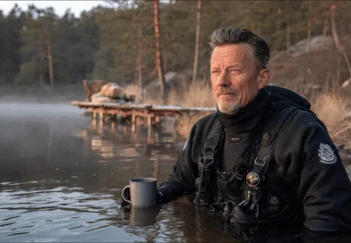 Midcent: En medelålders man sitter i vatten, delvis iklädd en dykardräkt, samtidigt som han håller en mugg. Bakgrunden består av en dimmig sjö och skog. Kategori: Hälsa.