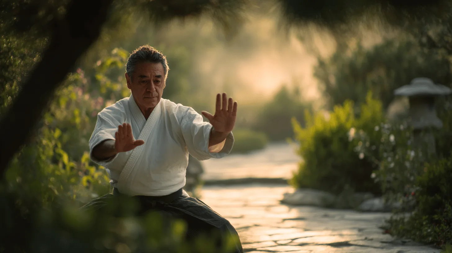 Midcent – en medelålders man i traditionell dräkt utför tai chi i en fridfull trädgård. Den mjuka belysningen förstärker en känsla av lugn och balans. Perfekt för meditation och hälsa. Kategori: Hälsa.