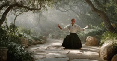 Midcent: En medelålders man i traditionell dräkt utför kampsport i en solbelyst japansk trädgård, med stämningsfullt ljus och grönska omkring sig. Fokus på meditation och harmoni i en fridfull miljö.Kategori: Hälsa.