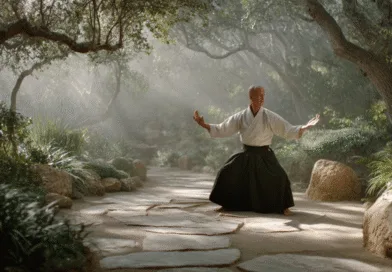 Midcent: En medelålders man i traditionell dräkt utför kampsport i en solbelyst japansk trädgård, med stämningsfullt ljus och grönska omkring sig. Fokus på meditation och harmoni i en fridfull miljö.Kategori: Hälsa.