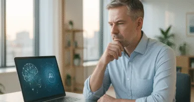 Midcent: En medelålders man studerar AI-koncept på sin laptop i ett modernt kontor. Fokus på teknik och innovation i arbetsmiljö. Teknik.