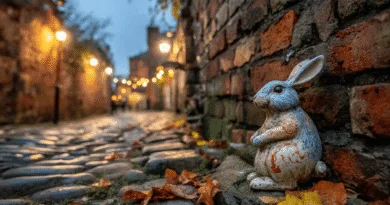 Midcent presenterar en pittoresk kvällsbild med en atmosfärisk kullerstensgata och charmig kaninskulptur. Gatubelysning och höstlöv förstärker en känsla av tidlös stillhet och hemlighet. Perfekt för älskare av historiska gatumiljöer.