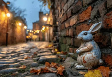 Midcent presenterar en pittoresk kvällsbild med en atmosfärisk kullerstensgata och charmig kaninskulptur. Gatubelysning och höstlöv förstärker en känsla av tidlös stillhet och hemlighet. Perfekt för älskare av historiska gatumiljöer.