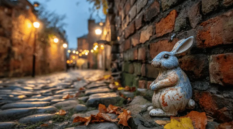 Midcent presenterar en pittoresk kvällsbild med en atmosfärisk kullerstensgata och charmig kaninskulptur. Gatubelysning och höstlöv förstärker en känsla av tidlös stillhet och hemlighet. Perfekt för älskare av historiska gatumiljöer.