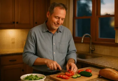 Midcent: En medelålders man och en kvinna promenerar hand i hand i en solbelyst park, omgivna av höstlöv. De ler mot varandra, vilket skapar en varm och harmonisk atmosfär. Samhälle.