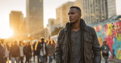 Midcent: En medelålders man promenerar genom en solbelyst stadsmiljö, omgiven av människor och urban konst. Bilden förmedlar en känsla av rörelse och modernitet. Kategori: Samhälle.