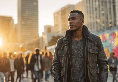 Midcent: En medelålders man promenerar genom en solbelyst stadsmiljö, omgiven av människor och urban konst. Bilden förmedlar en känsla av rörelse och modernitet. Kategori: Samhälle.