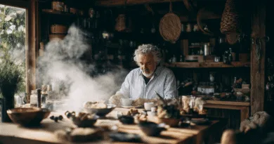 En medelålders man njuter av en rustik måltid i ett traditionellt kök, omgiven av ånga och naturliga ingredienser. Bild skapar en inbjudande atmosfär för matlagning och gemenskap. Midcent Mat.