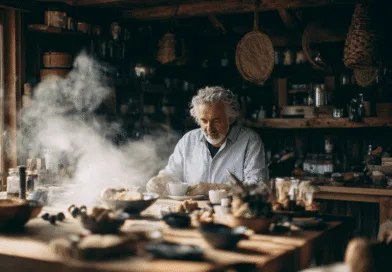 En medelålders man njuter av en rustik måltid i ett traditionellt kök, omgiven av ånga och naturliga ingredienser. Bild skapar en inbjudande atmosfär för matlagning och gemenskap. Midcent Mat.
