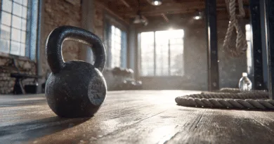 Midcent: En atmosfärisk gymmiljö domineras av en kettlebell, tjockt rep och vattenflaska, perfekt för funktionell träning och fitnessinspiration. Vackert naturljus genom stora fönster förstärker träningsupplevelsen. Kategori: Hälsa.