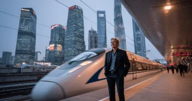 En medelålders man står på en tågstation med snabbtåg i förgrunden och skyskrapor i bakgrunden. Modern arkitektur och resande i harmonisk förening. Midcent. Kategori: Resa.