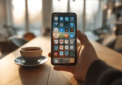 Midcent: En hand håller en smartphone med olika appar synliga på skärmen. I förgrunden står en kopp kaffe på ett träbord, vilket skapar en avslappnad atmosfär i en modern miljö. Teknik.