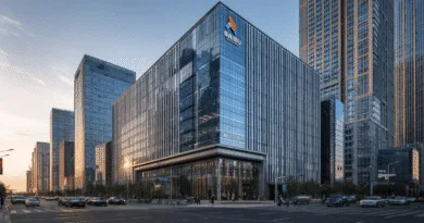 Moderna glasfasader pryder Midcents huvudkontor i stadens affärsdistrikt. Skyskrapor reflekterar solnedgången längs en livlig väg, vilket ger en futuristisk känsla. Elegant och kommersiellt nav för innovation och tillväxt. kategori: Ekonomi.