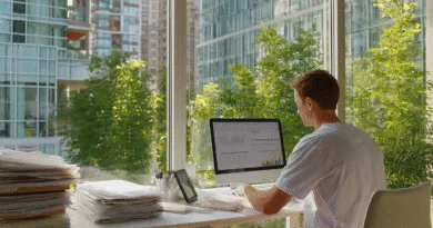 Midcent: En medelålders man arbetar vid en dator med dataanalys i ett modernt kontor omgiven av gröna växter och stadens arkitektur. Ekonomi.