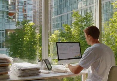 Midcent: En medelålders man arbetar vid en dator med dataanalys i ett modernt kontor omgiven av gröna växter och stadens arkitektur. Ekonomi.