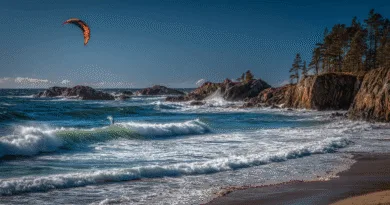 Midcent: En spektakulär kustlandskap med starka vågor och en kitesurfare mot en klarblå himmel. Perfekt för spännande vattensporter och naturlig skönhet. Kategori: Sport.