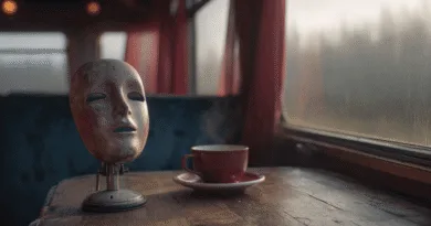 Midcent: En mystisk mask står på ett tågbord bredvid en rykande kopp kaffe. Det dämpade ljuset och den dimmiga bakgrunden skapar en stämningsfull atmosfär. Kategori: Underhållning.